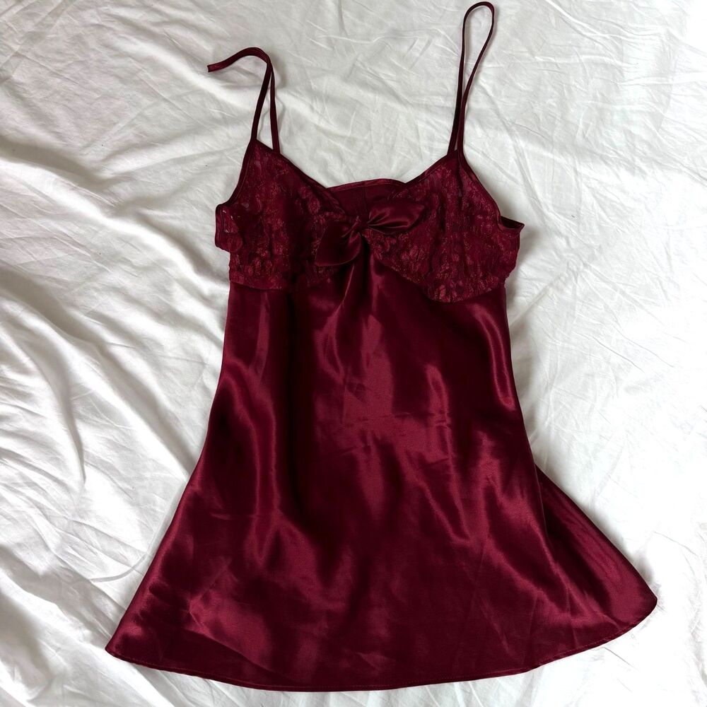 Vintage 90s California Dynasty Romantic Burgundy Satin Lingerie Slip Dress - M
